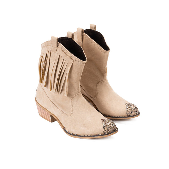 FRINGE COWBOY BOOTS - BEIGE