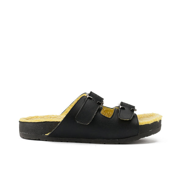 FUR BUCKLE SLIPPERS - BLACK x YELLOW