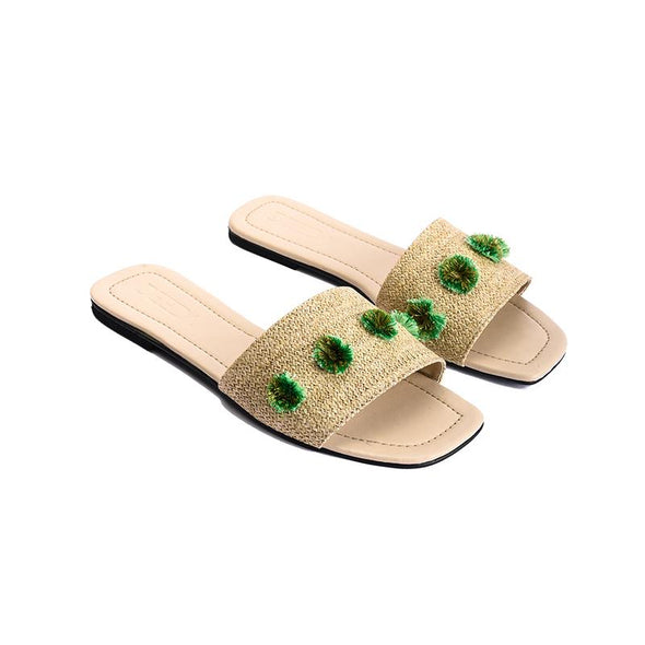 TASSEL FLOWERS SLIDE SLIPPERS - GREEN