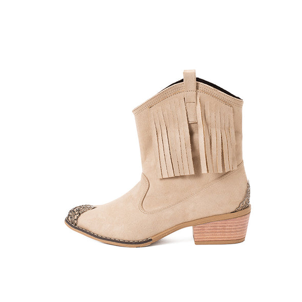 FRINGE COWBOY BOOTS - BEIGE