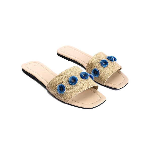 TASSEL FLOWERS SLIDE SLIPPERS - BLUE