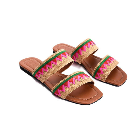 DOUBLE STRAP SLIDE SLIPPERS - GREEN X FUCHSIA