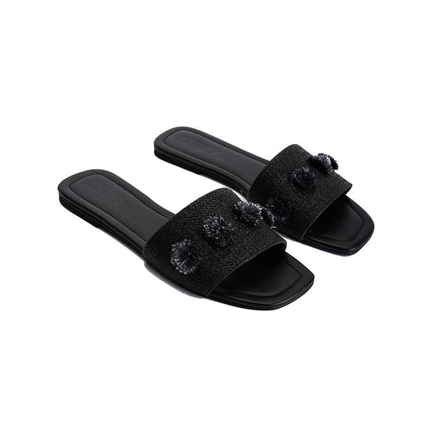 TASSEL FLOWERS SLIDE SLIPPERS - BLACK