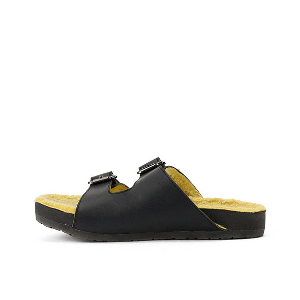 FUR BUCKLE SLIPPERS - BLACK x YELLOW