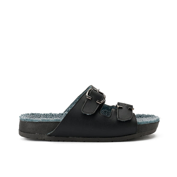 FUR BUCKLE SLIPPERS - BLACK x BLUE