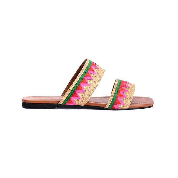 DOUBLE STRAP SLIDE SLIPPERS - GREEN X FUCHSIA