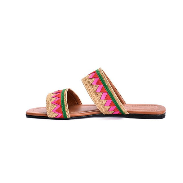 DOUBLE STRAP SLIDE SLIPPERS - GREEN X FUCHSIA