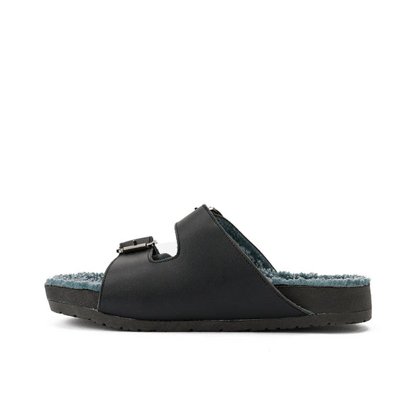 FUR BUCKLE SLIPPERS - BLACK x BLUE