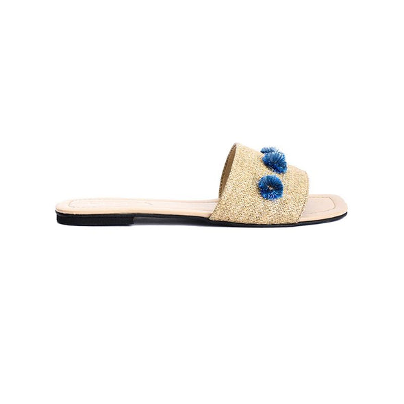 TASSEL FLOWERS SLIDE SLIPPERS - BLUE