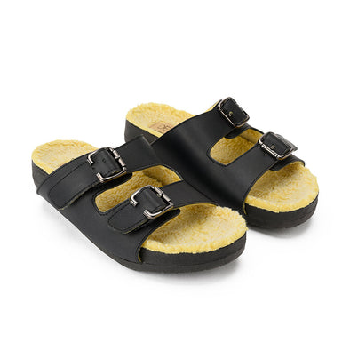 FUR BUCKLE SLIPPERS - BLACK x YELLOW