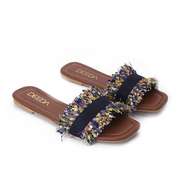 CONFETTI FRINGE SLIDE SLIPPERS - NAVY