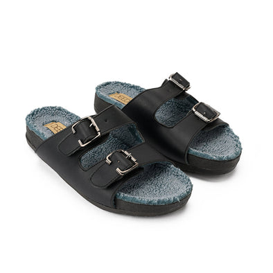 FUR BUCKLE SLIPPERS - BLACK x BLUE