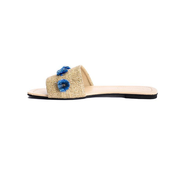 TASSEL FLOWERS SLIDE SLIPPERS - BLUE