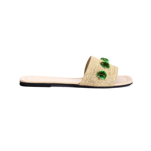 TASSEL FLOWERS SLIDE SLIPPERS - GREEN