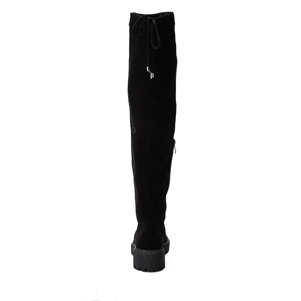 EMBROIDERED SUEDE THIGH HIGH BOOTS - BLACK