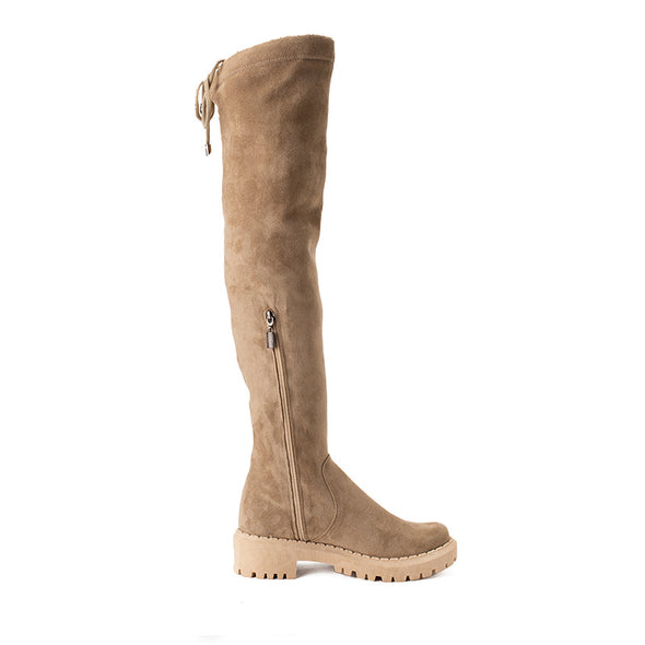 EMBROIDERED SUEDE THIGH HIGH BOOTS - KHAKI