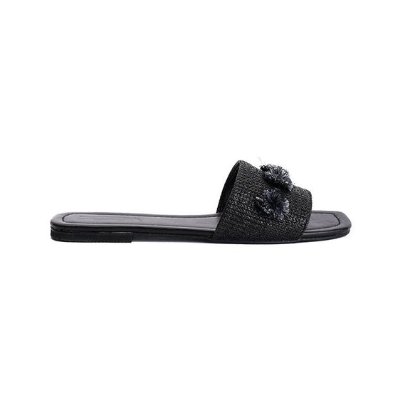 TASSEL FLOWERS SLIDE SLIPPERS - BLACK