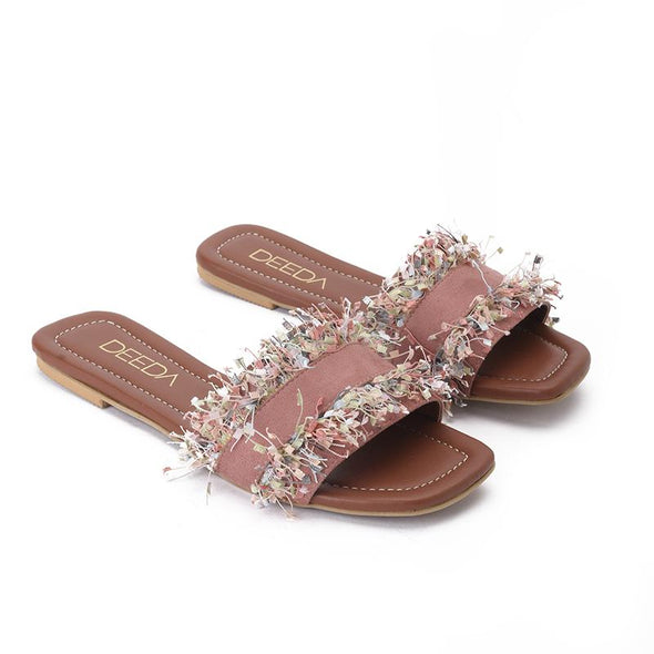 CONFETTI FRINGE SLIDE SLIPPERS - BOIS DE ROSE