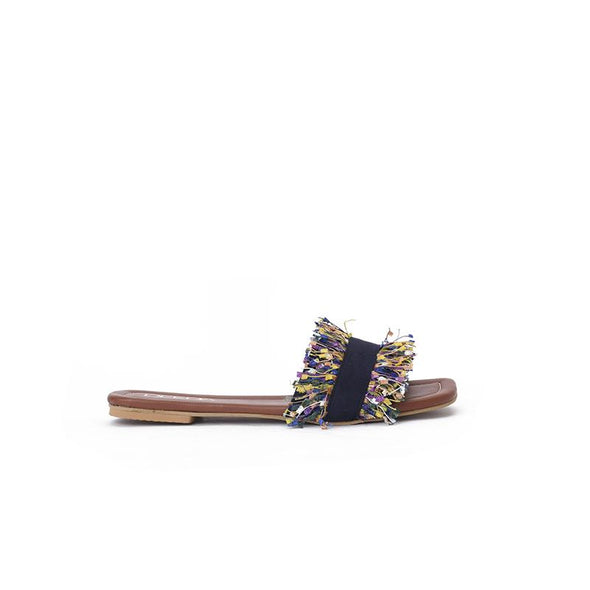 CONFETTI FRINGE SLIDE SLIPPERS - NAVY