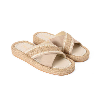 JUTE PLATFORM CRISS CROSS SLIPPERS - BEIGE