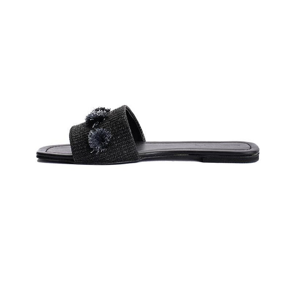 TASSEL FLOWERS SLIDE SLIPPERS - BLACK