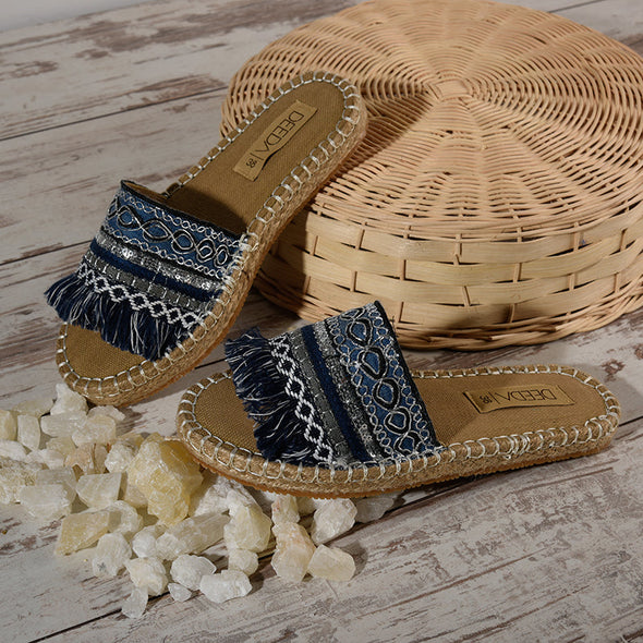 BORA FRINGE SLIPPERS - NAVY