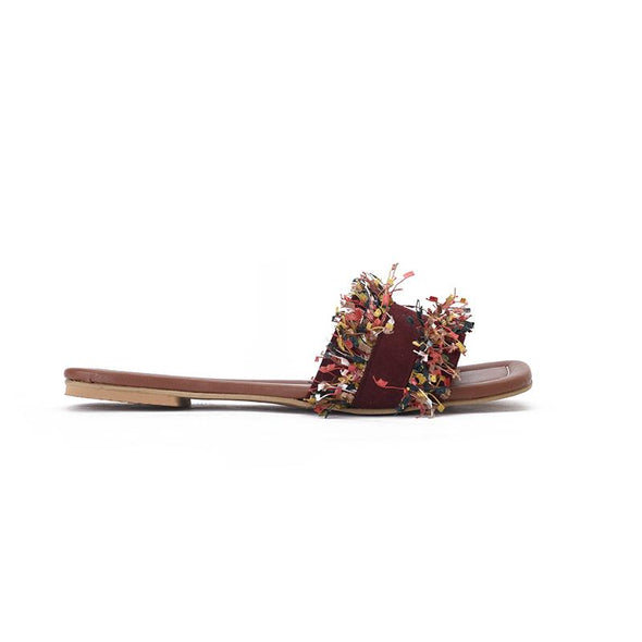 CONFETTI FRINGE SLIDE SLIPPERS - BURGUNDY