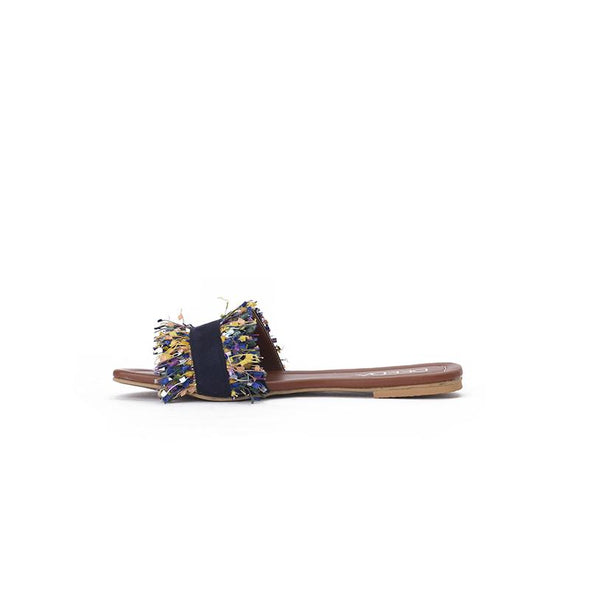 CONFETTI FRINGE SLIDE SLIPPERS - NAVY