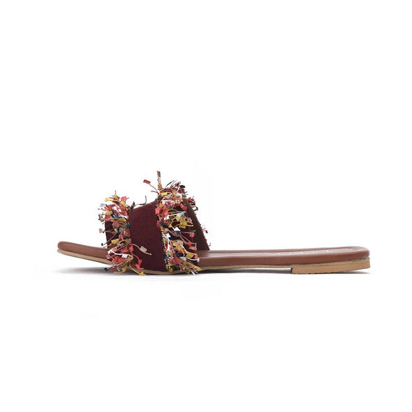 CONFETTI FRINGE SLIDE SLIPPERS - BURGUNDY