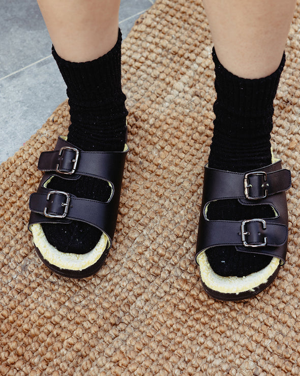 FUR BUCKLE SLIPPERS - BLACK x YELLOW