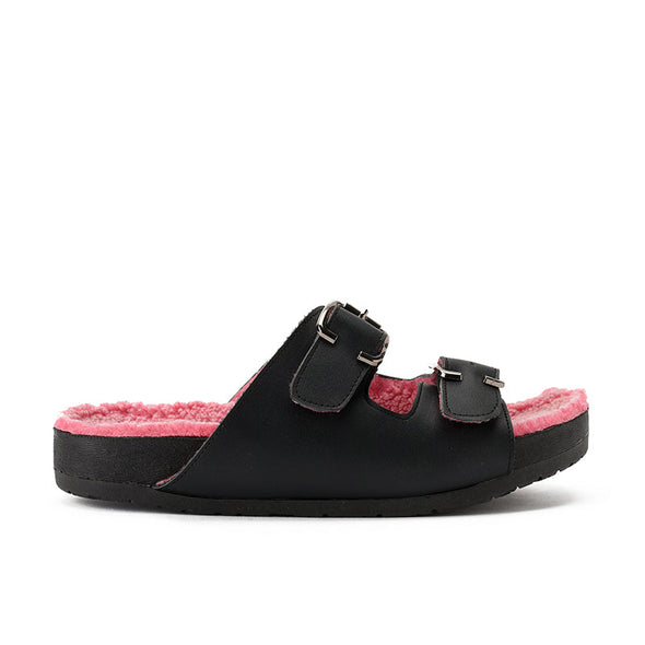 FUR BUCKLE SLIPPERS - BLACK x FUCHSIA