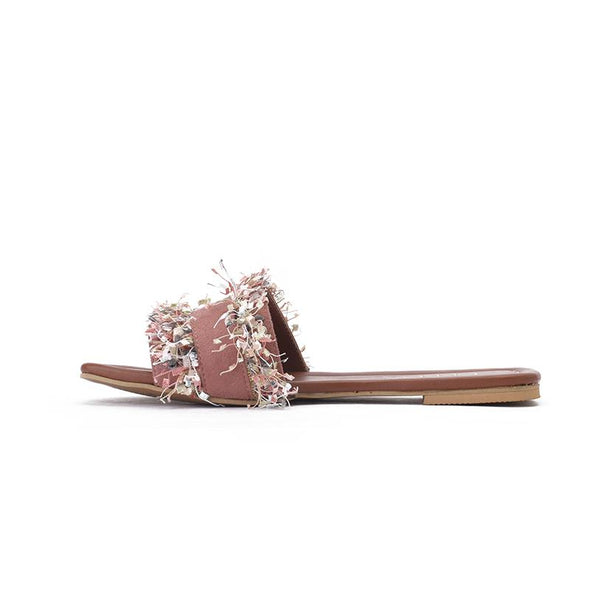 CONFETTI FRINGE SLIDE SLIPPERS - BOIS DE ROSE