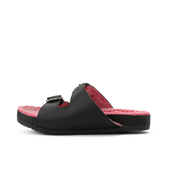 FUR BUCKLE SLIPPERS - BLACK x FUCHSIA