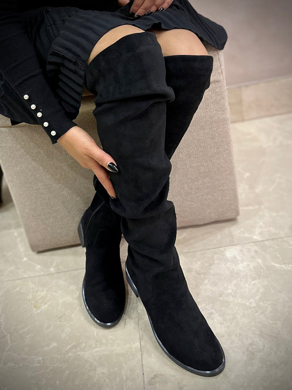 SUEDE THIGH HIGH BOOTS - BLACK