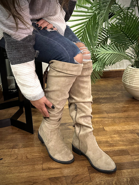 SUEDE THIGH HIGH BOOTS - KHAKI